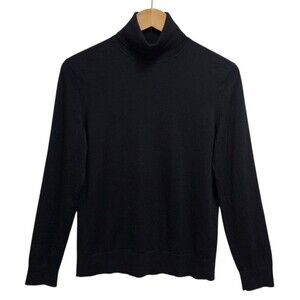 Theory Sweater Women Sz M Black 100% Merino Wool Knit Turtleneck Soft Long Slv